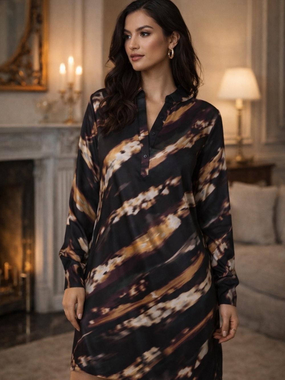 The Limited Black Satin Dress with Brown and Teal Brushstrokes